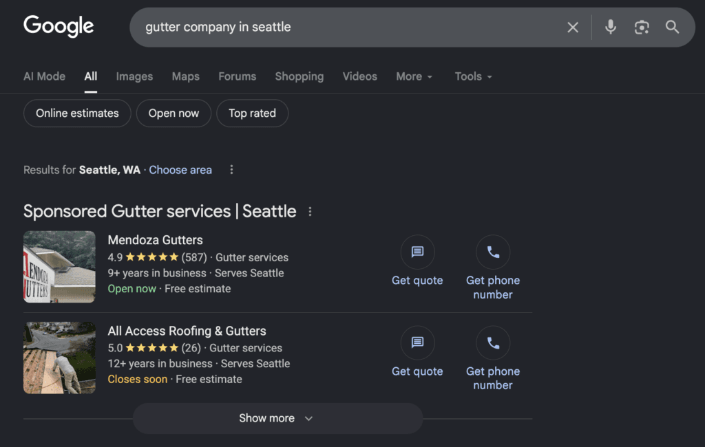 a screenshot of a google search for "gutter company in seattle" with the results showing two google local services ads