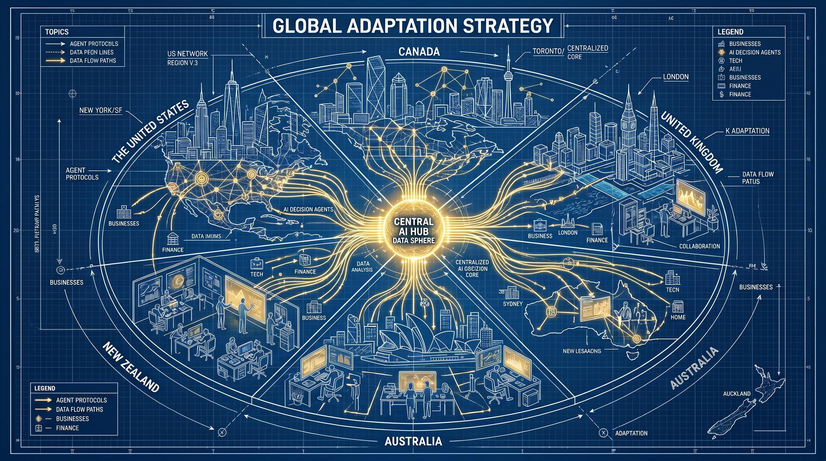 Global AI Adaptation Strategy - Central AI Hub connecting businesses across US, UK, Australia, Canada